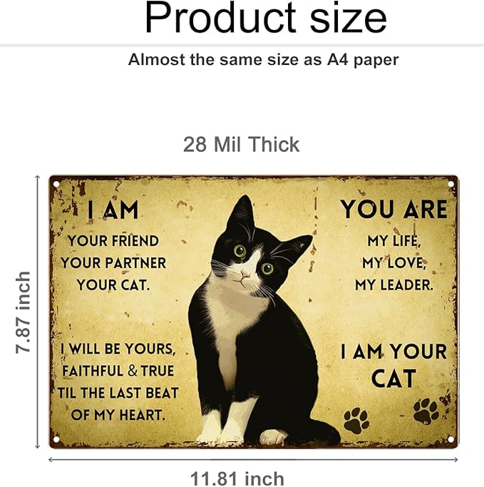 ALKB Vintage Metal Cat Sign - "I Am Your Friend, Your Partner, Your Cat" - 8"x12" Retro Metal Wall Decor for Cat Lovers, Pet Themed Gift with Paw Prints.