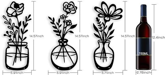 3 Pieces Black Metal Flowers Wall Decor Grandma Mothers Day Gift Birthday Gifts for Women Wall Art Metal Wall Sculptures Hanging for Indoor Kitchen Bathroom Bedroom living room 14.56x5.9 inches