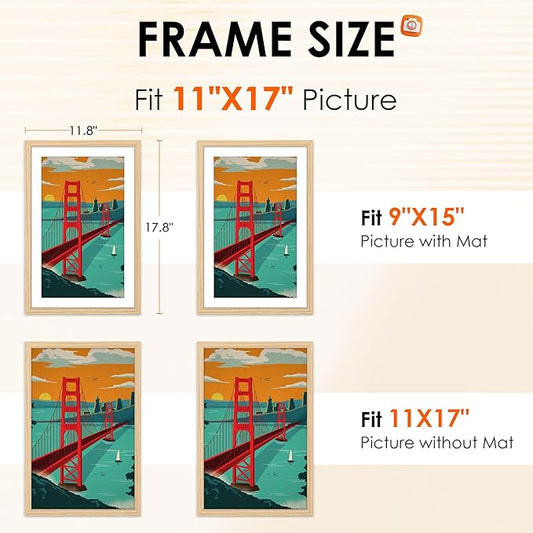 FIXSMITH 11x17 Picture Frame Natural Set of 2, Photo Frame with HD Plexiglass, Display Pictures 9x15 with Mat or 11x17 Without Mat, Natural Picture Frames Collage Wall Decor, Gallary Wall Frame