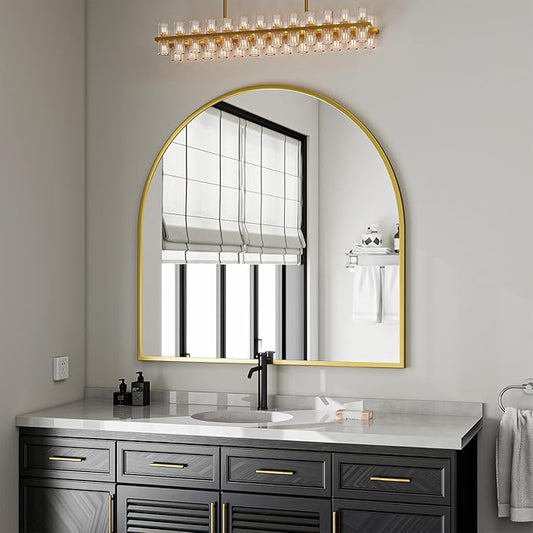 VooBang Wide Arched Wall Mirror, 38 x 40 inch Arch Bathroom Mirror, Wall Mounted Vanity Mirror with Arch Metal Frame, Modern Bathroom Vanity Mirror for Bedroom, Living Room, Hanging or Leaning, Gold