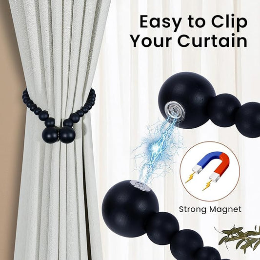 KLOGTSIND Magnetic Curtain Tiebacks, Curtain Tie Backs for Curtains 6 Pack, Wood Bead Curtain Tiebacks, Curtain Holders for Boho Bedroom Decor, Baby Nursery Decor, Farmhouse Decor