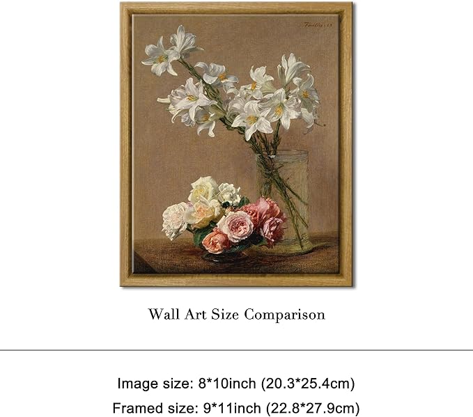 Pyradecor Vintage Retro Framed Wall Art Home Decor Roses and Lilies Canvas Prints Classical Floral Painting Vintage Wall Decor for Laundry Room Farm House Decor