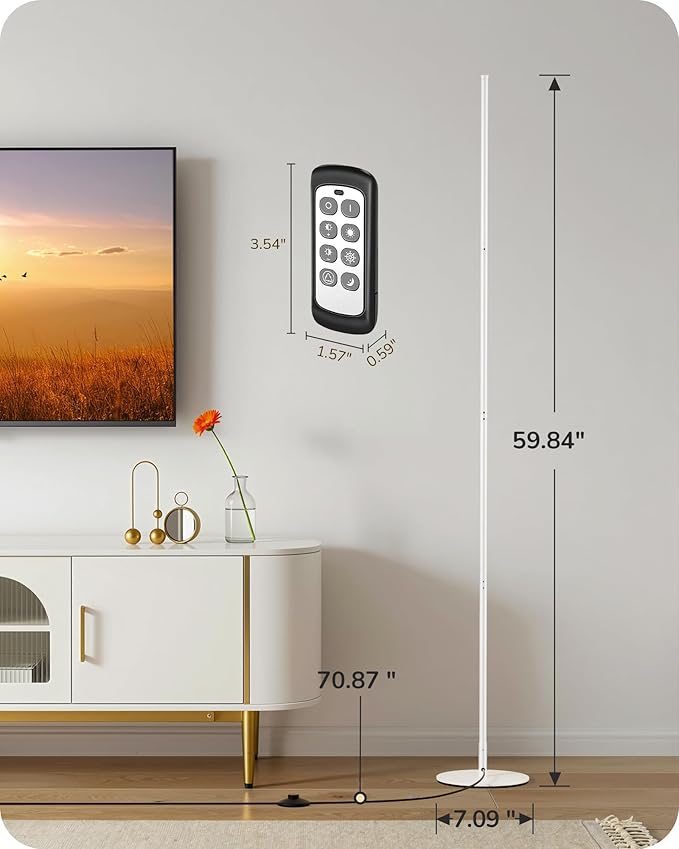 EDISHINE 59.8" Corner Floor Lamp, White Floor Lamp with Remote, 3 Height Settings, 3 Color Temperature & Stepless Dimming, Foot Switch, Slim Floor Lamps for Living Room, White