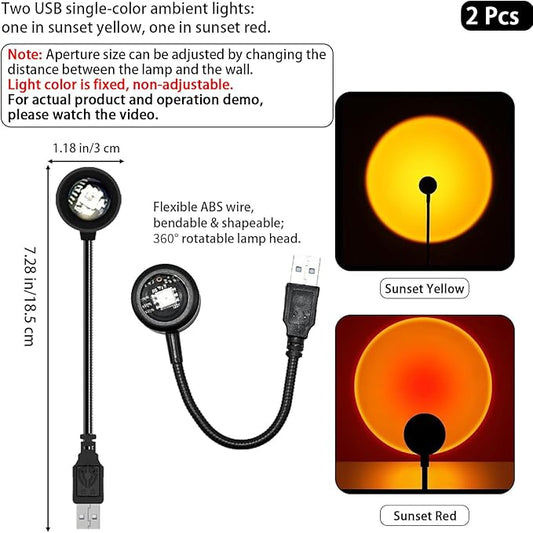 2Pcs LED Sunset Ambient Lamp Mood Light, Flexible and 360° Rotatable USB Warm Night Light,Projector Birthday Party Decoration Portable Mood Light for Bedroom Living, (Sunset Yellow & Red) 