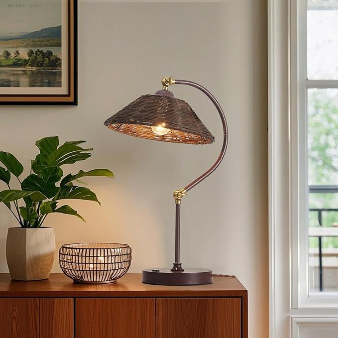 Woven Rattan Table Lamp, Boho Handmade Rattan Shade, Anti-Rust Iron Base Vintage Dark Brown Plug in Desk Lamp, Plug & Play Bedside Nightstand Lamp for Bedroom Living Room Home Office, Bulb Included