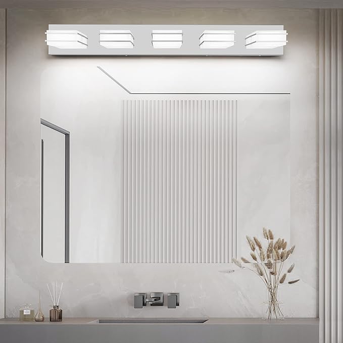 GOODATE 3 Color Temperature Dimmable Vanity Lighting Fixtures, LED Chrome 5 Light Bathroom Vanity Light, Acrylic Stainless Steel Square Shade Vanity Lights for Bathroom, ETL Certificated