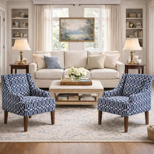 Homepop Home Decor Upholstered Classic Swoop Arm Accent Chair Accent Chairs for Living Room & Bedroom Decorative Home Furniture, Classic Navy Geometric