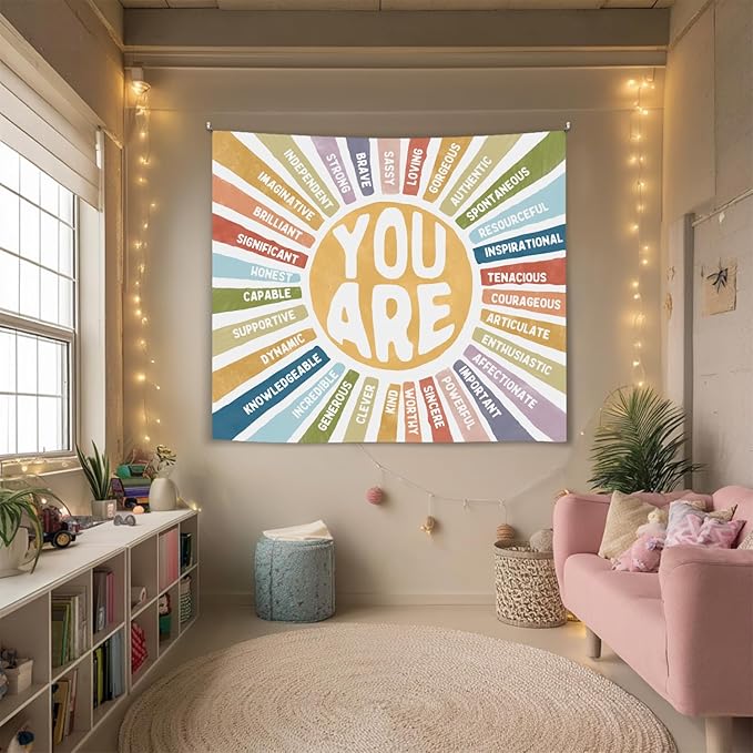 You Are Strong Wall Tapestry, Positive Affirmations Wall Hanging Decor, Self affirmation Poster Banner for Classroom, Counseling Office, Therapy Room, Teen Bedroom and Calm Down Corner(Colorful-You are)