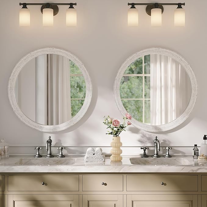 ULIKE Round Mirror for Bathroom 30x 30 Inch, Farmhouse Rustic Wood Frame Wall Mirror, White Vanity Circle Mirror for Bedroom Living Room Entryway Decor