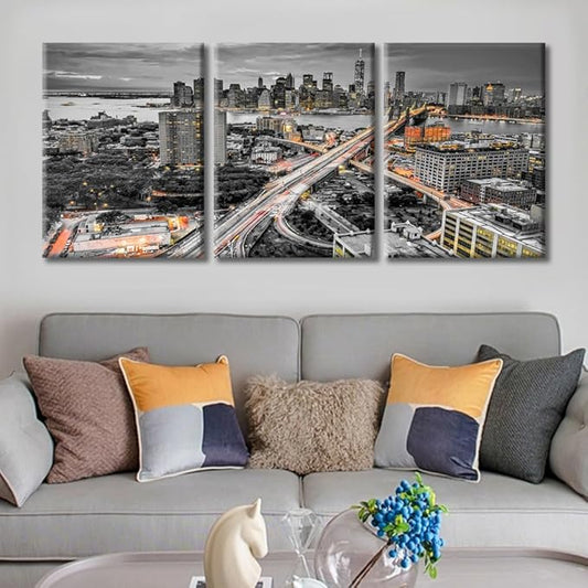 TUMOVO Brooke Bridge, Manhattan, New York Skyline Black and White Wall Art 3 Pieces Nighttime Lightscape Bedroom Living Room City Skyline Wall Decor for Living Room Framed Ready to Hang (36" Wx16 H)