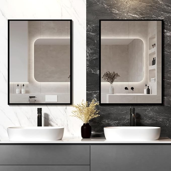 Rectangular Wall Mirror, Black Aluminum Frame, 24x32 Inches, Modern Style, Tempered Glass, Wall Mount for Bathroom Bedroom Living Room