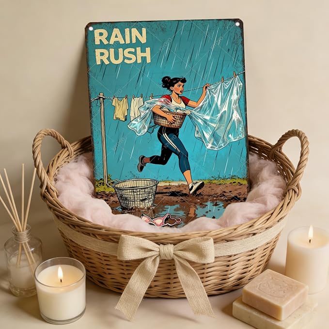 Rain Rush Laundry Vintage Tin Sign Funny Sarcastic Retro Housewife Design Mom Laundry Room Wall Decor 12x8 Inch
