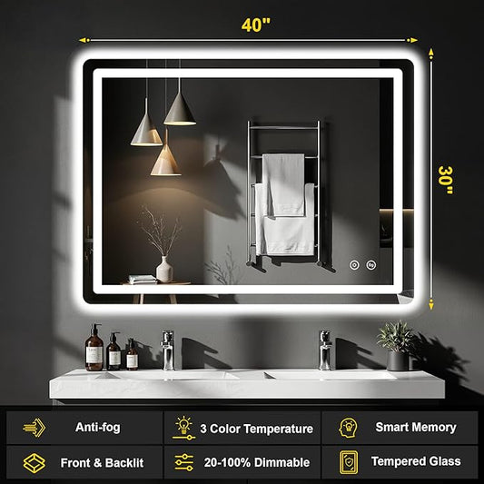 LED Bathroom Mirror with Lights - Anti-Fog, Dimmable, Backlit+Frontlit, 3 Color Light - 40"x30" Lighted Vanity Mirrors for Wall, Shatterproof Tempered Glass, Memory Function