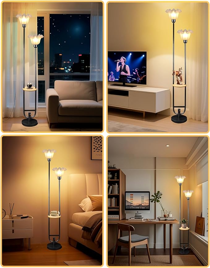 Dimmable Flower Floor Lamps with Table, 2-Lights Floral Floor Lamp, 3000K Warmwhite Modern Floor Lamp, Vintage Black Standing Lamp with 5Lbs Heavy Base for Living Room Bedroom