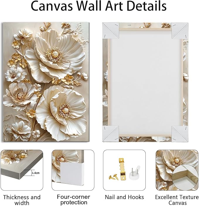 3 Pcs Modern Beige Gold Peony Floral Canvas Wall Art, Neutral Elegant 3d Beige Flowers Wall Painting White Blooming Floral Pictures Posters Art Print Home Decor for Bedroom Living Room Office 12"x16"x3