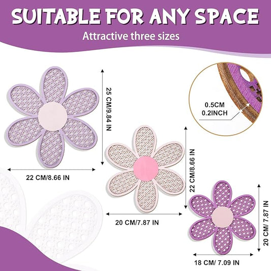 Maitys 3 Pieces Boho Daisy Wall Decor Natural Rattan Flower Wall Hanging Art Wooden Boho Art Nursery Flowers Farmhouse Hanging Decor for Home Office Nursery(Pink, Purple)