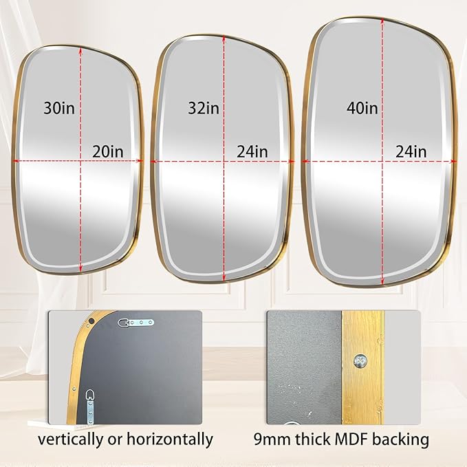 POZINO Bathroom Beveled Mirror, 24"x32" Brushed Gold Vanity Mirrors for Over Sink, Modern Rectangle Aesthetic Wall Mirror in Premium Stainless Steel Frame, Horizontal or Vertical Hanging