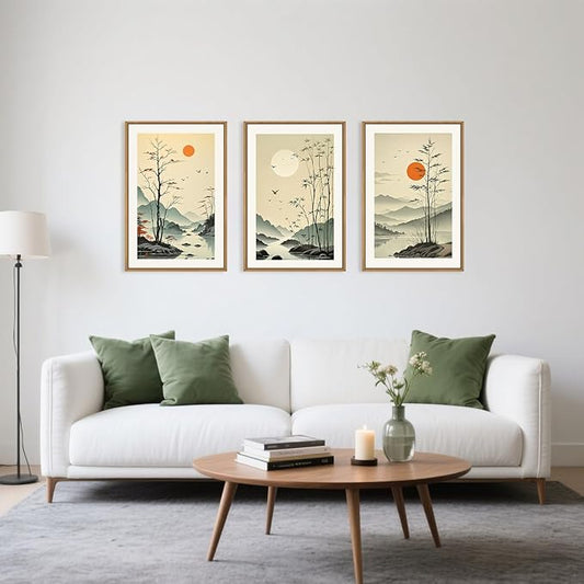 Chinoiserie Bamboo Forest Framed Canvas Wall Art Set, Nature Tree Lakes Wall Decor, Minimalist Zen Landscape Wall Painting, Watercolor Art Prints for Living Room, Bedroom, Office 24"X36"X3