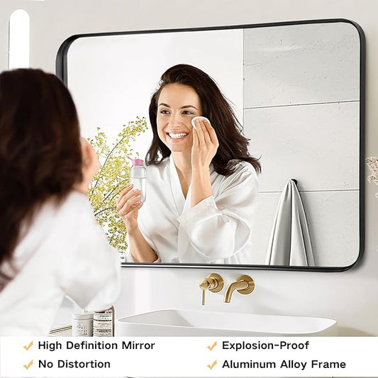 Black Mirror for Bathroom Wall - 40x30 Inch Large Reactangular Metal Framed Mirror Over Sink, Matte Frame Big Rectangle Mirror Vanity for Restroom, Entryway, Living Room, Fireplace