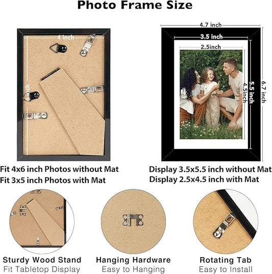 JCJMY 4x6 Picture Frame with 3.5x5 Mat Set of 6, Display Photo 3.5x5 with Mat or 4x6 without Mat, 4 by 6 Wall Poster Photo Frame with Shatter Resistant Plexiglass for Wall or Tabletop, 6 Pack, Black