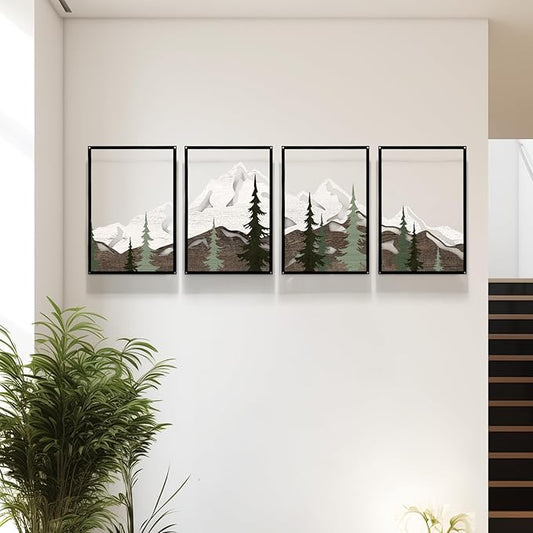 FIXNEO Minimalist Modern 4 Piece Wall Art with Mountain Design - Large 43.3" x 15.74" Black Metal Wall Art for Living Room, Dining Room, Bedroom, Office, Kitchen | Apartment Decor Aesthetic