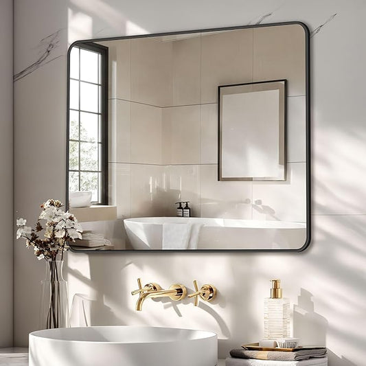 Antok Bathroom Mirror, 40"x36" Wall Mirror, Decorative Mirrors Vanity Mirror Aluminum Alloy Frame Contemporary Rectangular Hanging Mirror for Living Room Bathroom Entryway,Black,Round Corner