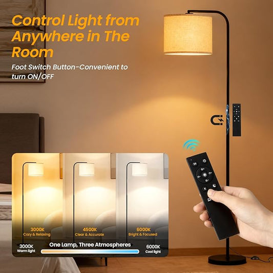 Floor Lamp for Living Room and Bedroom - Modern Standing Lamps Tall with Dimmable LED Bulb and Remote Control - Black Stand Arc Light With Shade for Reading Home Decor Corner and office(Black)