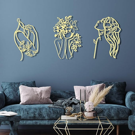 Photect 3 Pcs Metal Wall Art Decor Minimalist Abstract Woman Wall Art Metal Modern Line Drawing Decor Female Single Line Home Hanging for Bedroom Bathroom Living Room Housewarming(Romantic,Gold)