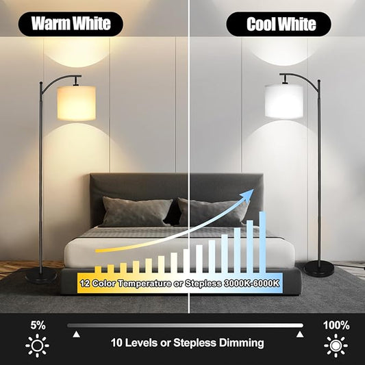 mukuxin LED Floor Lamps for Living Room, 12W 1200LM Modern Arc Floor Lamp with Remote & Adjustable Linen Lampshade, 12 Color Temperature Stepless Dimmable Tall Standing Lamp (White)