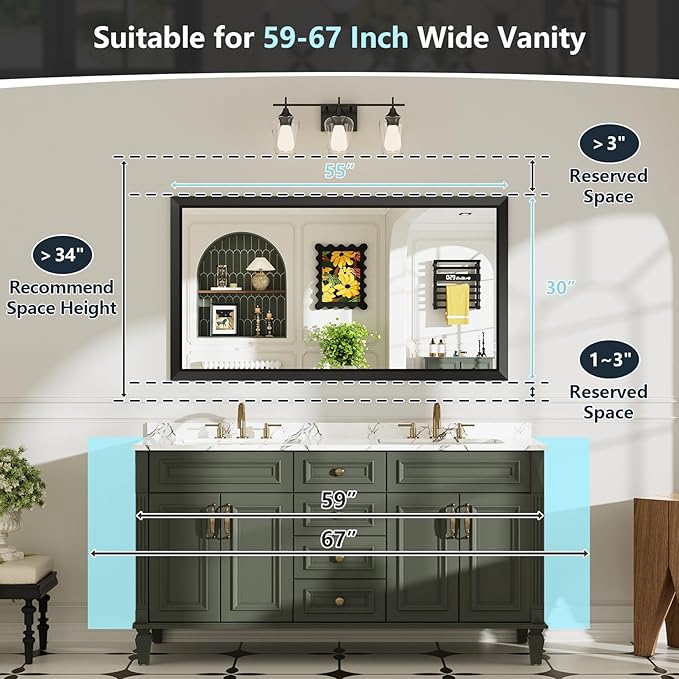 55x30 Inch Black Bathroom Mirror for Wall, Beveled Framed Rectangle Bathroom Vanity Mirrors for Over Sink, Bedroom, Living Room, Entryway, Anti-Rust, HD Tempered Glass, Horizontally/Vertically