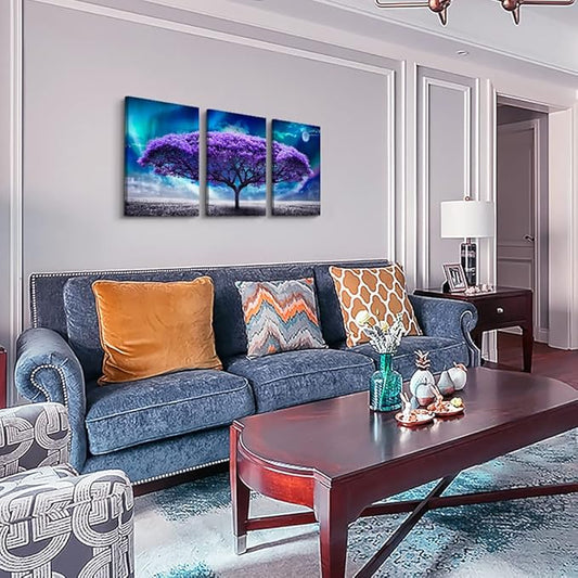 Lapremoly Canvas Wall Art For Living Room Boho Decor Bedroom Farmhouse Pictures Aurora Purple Tree Scenery Paintings Office Prints Dormitory Home Decorations 12'' X 16'' 3 Piece