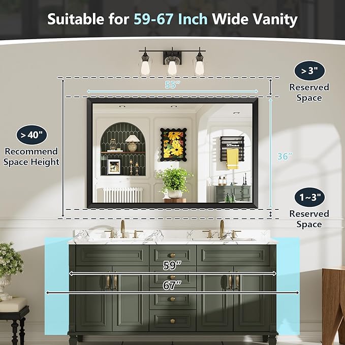 55x36 Inch Black Bathroom Mirror for Wall, Beveled Framed Rectangle Bathroom Vanity Mirrors for Over Sink, Bedroom, Living Room, Entryway, Anti-Rust, HD Tempered Glass, Horizontally/Vertically