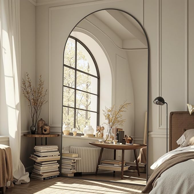 Full Length Mirror, 86"x46" Oversized Floor Mirror Freestanding, Full Body Floor Standing Mirrors with Stand, Hanging Mounted for Bedroom Living Room, Black, Arched Style