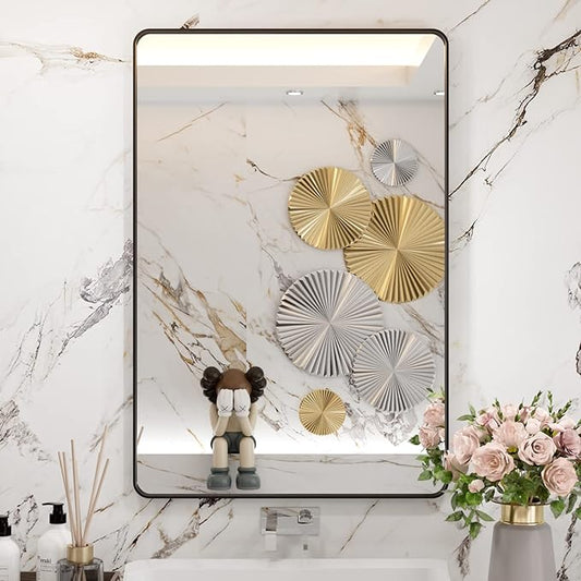 WEER Black Framed Bathroom Mirror, 24X36 Inch Rounded Rectangle Black Bathroom Mirror, Matte Black Bathroom Vanity Mirror for Wall, Anti-Rust, Tempered Glass, Hangs Horizontally or Vertically