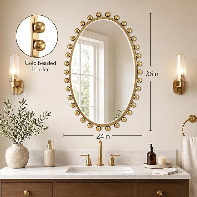 24"x36"Oval Wall Mounted Bathroom Mirror with Beveled Glass, Antique Gold Beaded Ball Frame, Vertical & Horizontal Hanging Vanity Wall Mirror for Bathroom, Bedroom, Entryway, Dressing Room