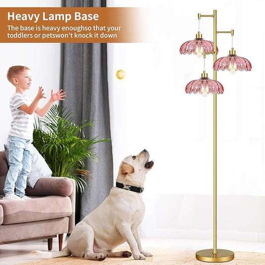 AHDWDW Gold Floor Lamp for Living Room,Modern Floor Lamps with Unique Pink Glass Shades,3 Lights Mid Century Tall Standing Lamp,Vintage Tree Flower Floor Lamp for Bedroom Corner Office Reading
