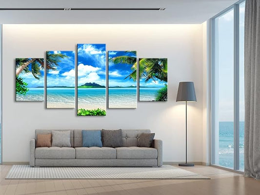Pyradecor Modern 5 Piece Canvas Prints Artwork Contemporary Landscape Blue Sea Beach Pictures Paintings on Canvas Wall Art for Living Room Home Decorations Extra Large