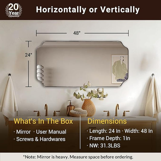 ANDY STAR 24x48 Inch Bathroom Mirror, Brushed Nickel Rectangle Mirror, Scalloped Mirror for Bathroom Sink, Rust-Poof Stainless Steel Thin Frame, Rounded Notched Corners Design
