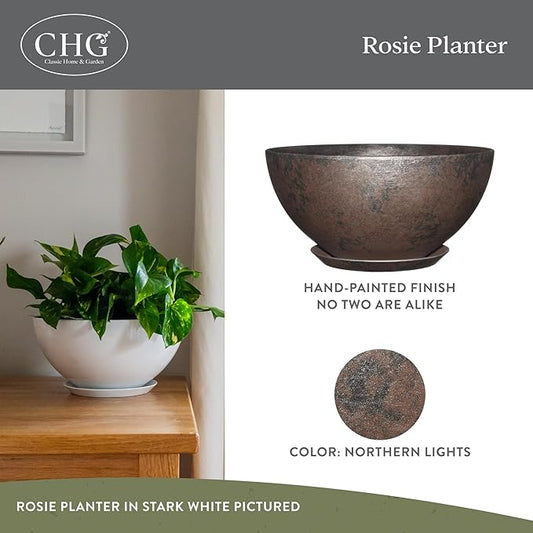 Classic Home and Garden by Growscape Rosie Modern Planter w/Drainage - Contemporary Planter Bowls - Shallow Round Vases for Small Plants - Versatile Indoor & Outdoor Pots (10” Northern Lights)