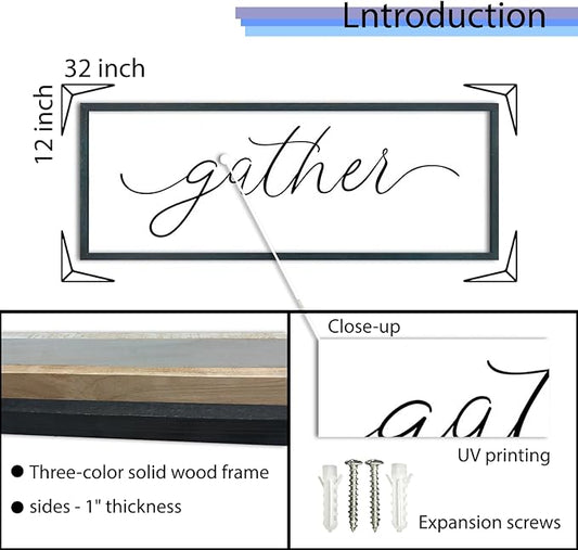 FZMHASLWW Gather Sign Wall Decor 32"×12" Large Wooden Framed for Dining Room Simple Home Kitchen Hanging Art (Black)