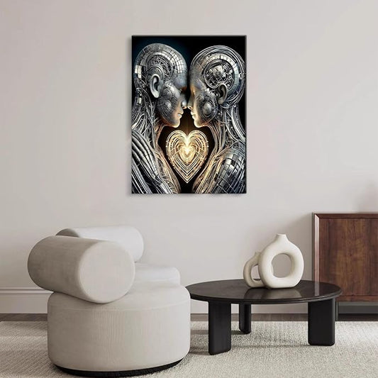Framed 3D Love Wall Art Canvas Mural Futurist Gallery Couple Fantasy Robot Romantic Poster Art Bedroom Living Room Office Game Room High tech Aesthetic Decoration 16x24 inches