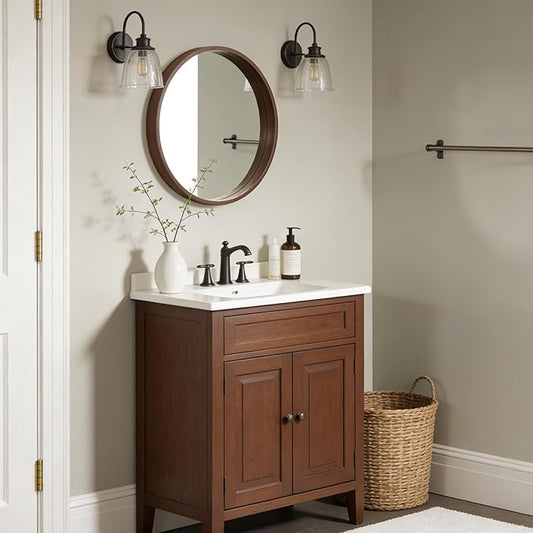WallBeyond 24 Inch Round Wood Mirror, Circle Wooden Frame Wall Mirror for Bathroom, Living Room, Bedroom, Entryway (Walnut)