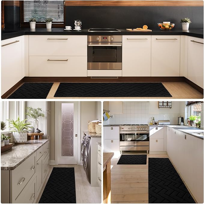 hicorfe Kitchen Runner Rugs and Mats Sets,2 Pieces Absorbent Non-Slip Kitchen Rug,Comfort Kitchen Mat for Floor,Washable for Kitchen,Hallway,Office,Sink,Laundry(24"x71"+20"x32",Black)