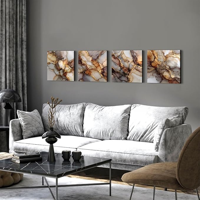 Gold Abstract Canvas Wall Art Marble Paintings Wall Decor Modern Fluid Texture Pictures for Walls Modern Home Decor Luxury Posters for Living Room Bedroom Office Artwork Decorations 12x12” 4 Pcs