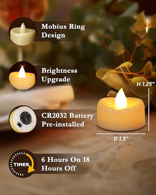 merrynights LED Candles, 12 Pack Tea Lights with Timer, Flameless Tea Lights Candle Battery Operated Fake Votives for Halloween Diwali Christmas, 6 H On and 18 H Off, D 1.5” x H 1.25”
