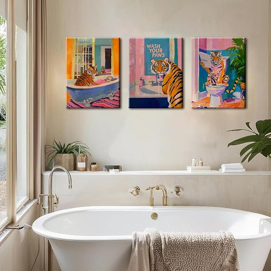Funny Tiger Bathroom Wall Art Set of 3 Whimsical Tiger in Bathtub Canvas Wall Decor Painting Maximalist Animal Bathroom Poster Print Aesthetic 16x24 inch Framed