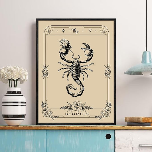 SERIMINO Witchy Framed Wall Art, Scorpio Tarot Canvas Prints Paintings, Horoscope Dark Academia Home Decor Aesthetic, 12X16inch Gothic Wall Decor for Room