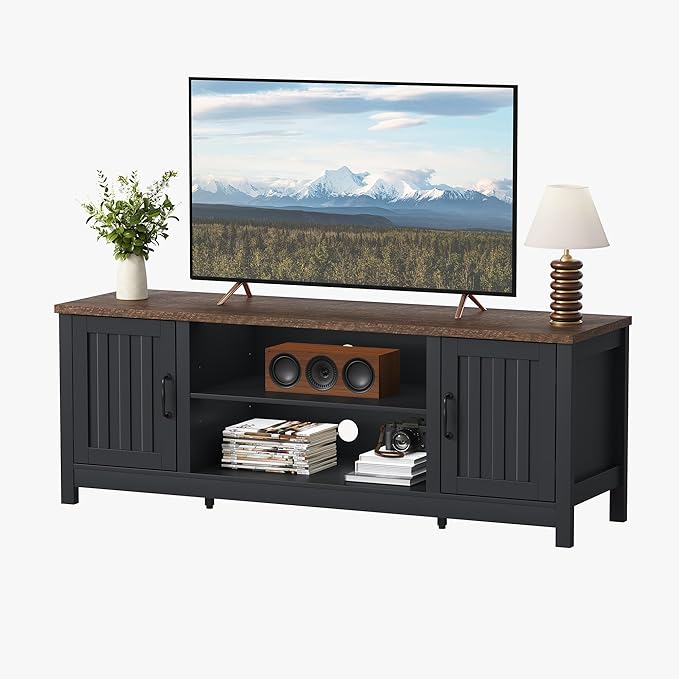 ChooChoo 54" Farmhouse TV Stand for TVs up to 65 inches, Entertainment Center with Storage Cabinets, Open Shelves and Fluted Door, TV Console Table for Living Room, Bedroom, Black