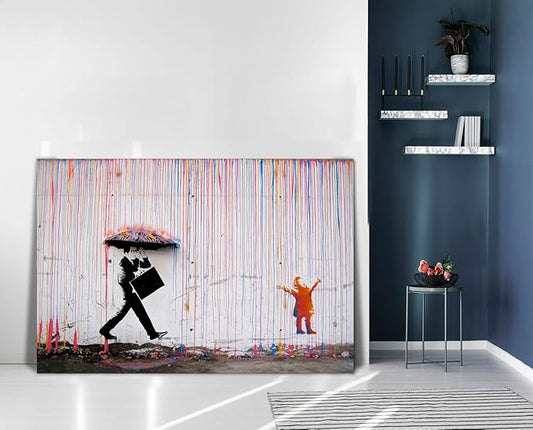 Yatsen Bridge Banksy Wall Art Canvas, Colorful Rain Picture, Graffiti Poster and Print Modern Pop Street Graffiti Home Decorations Ready to Hang - 44x28 inch