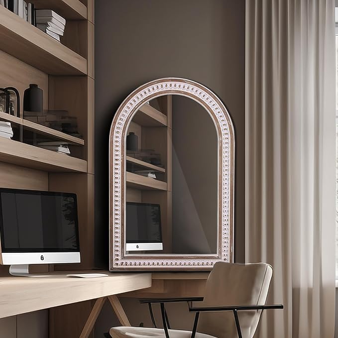 36x24 Inch Boho Beaded Arched Wall Mirror for Bathroom Over Sink, Rustic Farmhouse Decorative Arch Mirrors for Living Room, Entryway, Hallway